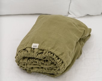 Olive Green fitted linen bed sheet in king, queen, single, twin and other custom sizes, stone washed soft natural linen bed cover