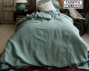 Juego de cama de lino Ocean Mint: 1 funda nórdica y 2 fundas de almohada, ropa de cama de lino suave hecha a mano en tamaños queen, king, matrimonial y twin