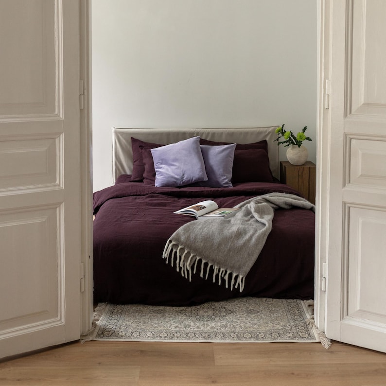 100% natural organic linen bed set: duvet cover and 2 pillowcases, linen bedding set in various colors & queen, king, double, twin sizes Deep Purple