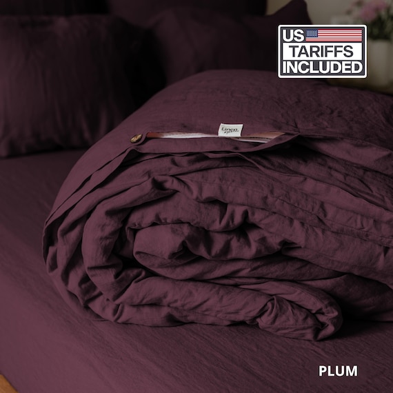 Plum Deep Purple Linen Duvet Cover in Organic Flax: Soft Pre Washed European Bedding, Custom Size Available, various colors
