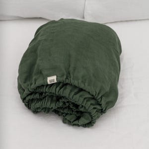 Forest Green fitted linen bed sheet in king, queen, single, twin and other custom sizes, stone washed soft natural linen bed cover