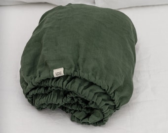 Forest Green fitted linen bed sheet in king, queen, single, twin and other custom sizes, stone washed soft natural linen bed cover