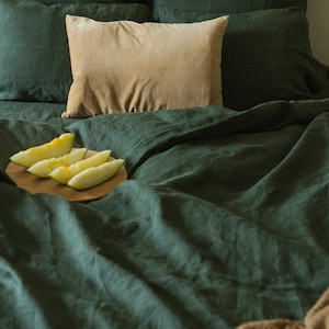 Linen forest green bedding set: 1 duvet cover + 2 pillowcases, organic 100% European flax bed set in king, queen, double, single, twin sizes