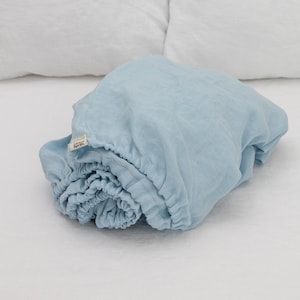 Sky Blue fitted linen bed sheet in king, queen, single, twin and other custom sizes, stone washed soft natural linen bed cover
