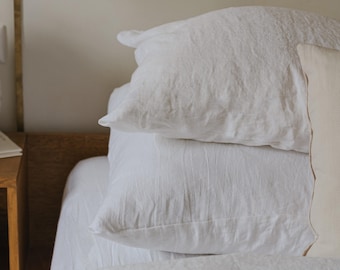 White linen pillowcase, 100% linen pillow cover with envelope closure in standard, square, queen, king & custom sizes, linen throw cover