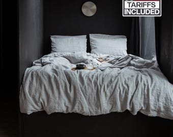 Juego de funda nórdica de lino de lujo con fundas de almohada, ropa de cama de lino suave y lavado, juego de cama de lino natural premium