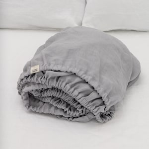 Light grey fitted linen bed sheet in king, queen, single, twin and other custom sizes, stone washed soft natural linen bed cover