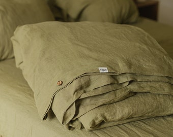 Bettbezug mit olivgrünem Leinenknopf in Doppel-, Einzel- und anderen benutzerdefinierten Größen, Bio-Flachsleinen Bettbezug, natürlicher Bettbezug