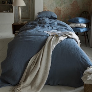 Dark grey linen bed set of 1 duvet cover and 2 pillowcases, natural organic flax linen bedding in queen, king, single, double, twin sizes