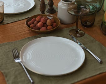 Olive green linen placemats for kitchen, dining or wedding table decor, natural organic eco friendly 2 placemat set in custom sizes