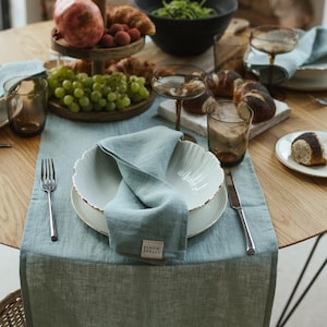 Ocean mint linen table runner, pure linen table cloth, long organic natural eco friendly table runner, farmhouse rustic table linens