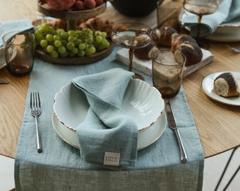 Ocean mint linen table runner, pure linen table cloth, long organic natural eco friendly table runner, farmhouse rustic table linens