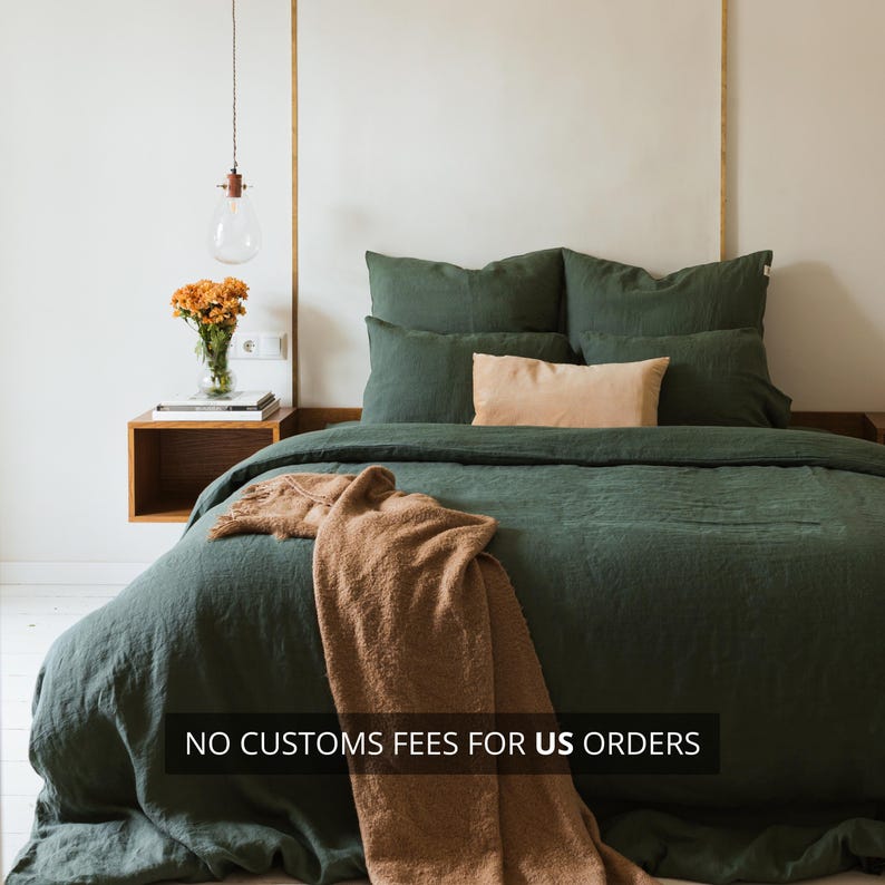 100% natural organic linen bed set: duvet cover and 2 pillowcases, linen bedding set in various colors & queen, king, double, twin sizes Forest Green
