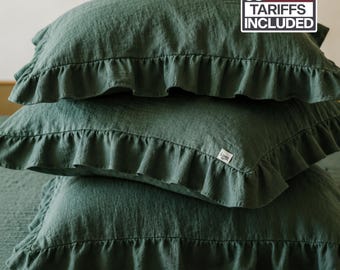 Funda de almohada de lino orgánico con volantes, ropa de cama de lino europeo, funda de almohada lavada.