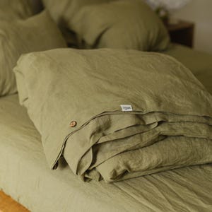 Olive green linen button duvet cover in double, single & other custom sizes, organic flax linen bed quilt cover, natural comforter cover