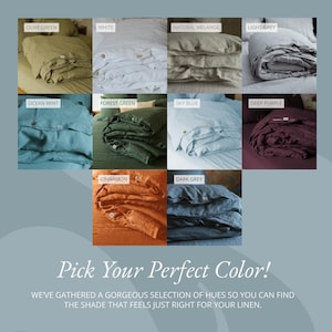 May include: A selection of linen bedding in various colors, including olive green, white, natural melange, light grey, ocean mint, forest green, sky blue, deep purple, cinnamon, and dark grey. The text "Pick Your Perfect Color!" is displayed.