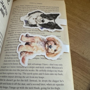 May include: Two watercolour illustrations of dogs. The first is a black and white border collie with a blue background. The second is a white and brown doodle with a pink background. Both illustrations are printed on a white background and have a white border.