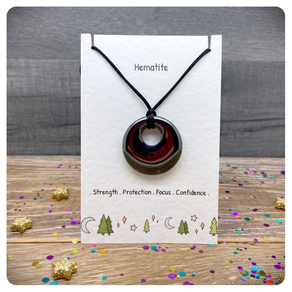 Hematite Agogo Gemstone Necklace, Healing Crystal Donut Pendant, Circle Crystal Necklace