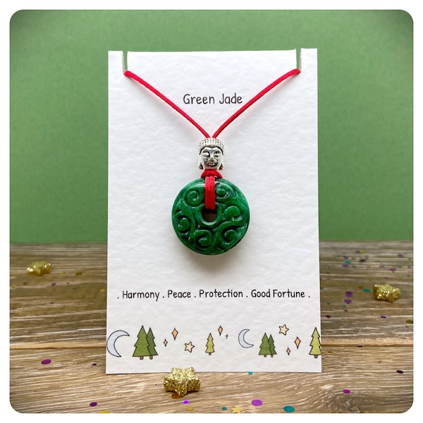 Green Jade Donut Necklace, Recycled Cord Adjustable Necklace, Good Fortune Chinese Pendant