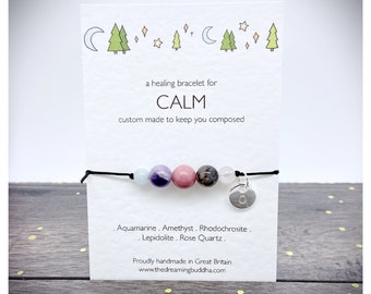 Crystal Calm Bracelet, Personalised Calming Bracelet, Keep Calm Gift, Adjustable Gemstone Bracelet