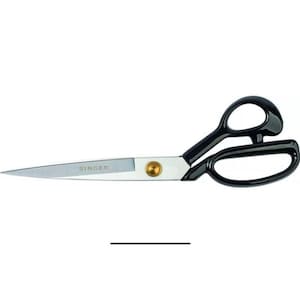 May include: A pair of Singer sewing scissors with silver-toned metal blades and black plastic handles. The brand name Singer is engraved on the blade near the gold-colored pivot screw. The scissors are shown in an open position against a white background.