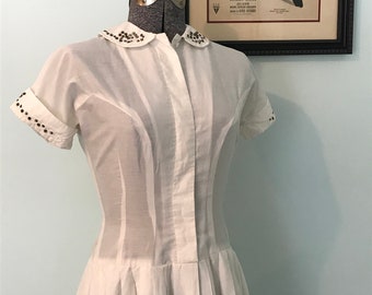 1950s Vintage A-Line Dress / White Shirtdress by Jonathan Logan
