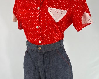 1980s Vintage Red and White Polka Dot Blouse Size Medium