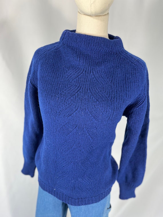1960s Vintage Blue Cable Knit Wool Sweater Medium