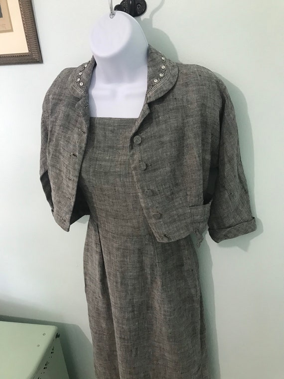 1940s Vintage Gray Linen Dress / Retro Dress Bole… - image 1