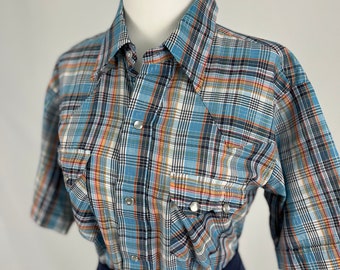 1980s Vintage Blue and Orange Plaid Western Style Shirt Size Large