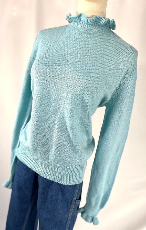 1980s Vintage Blue High Ruffle Neck Sweater /Retro