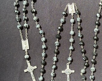 Handmade Chaplet  - 8mm Snowflake Obsidian Faceted Beads - Miraculous Medal Center and Cross