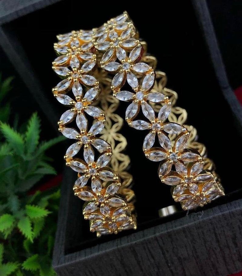 Set of 2 2.4 size Rich AD Bangle Set Lily Flower Design American Diamonds