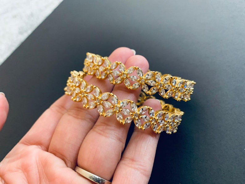 Set of 2 2.4 size Rich AD Bangle Set Lily Flower Design American Diamonds