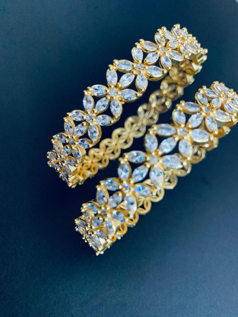 Set of 2 2.4 size Rich AD Bangle Set Lily Flower Design American Diamonds