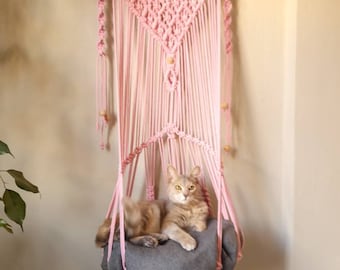 Pink Macrame Cat Hammock, Pet birthday gifts, Modern cat furniture, Cat basket, leather hanger, Cat bedding, Cat Moms gifts, wood bead,