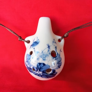 Unique Patterned Ocarina - Blue & White Glaze - Handcrafted Ceramic Flute - Gift for Bestie