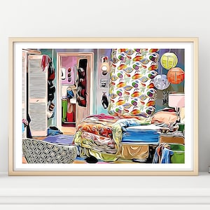 Big Bang theory TV Show Inside Penny bedroom illustration Sheldon, Leonard, Penny