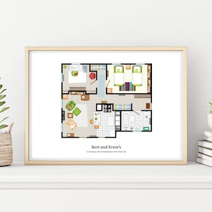 Peut inclure: Plan d'étage imprimable de l'appartement de Bert et Ernie sur Sesame Street à Manhattan, New York. Le plan d'étage montre un salon, une chambre, une cuisine et une salle de bain.