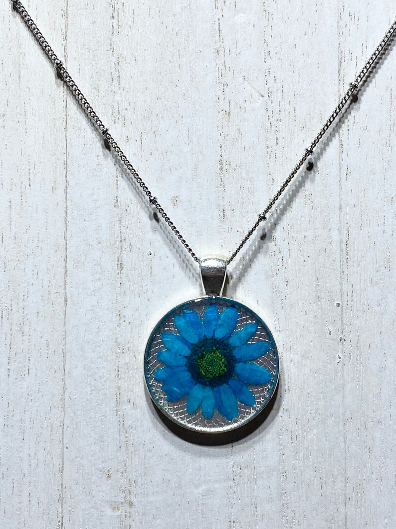 Pressed Blue Flower Jewelry Pendant