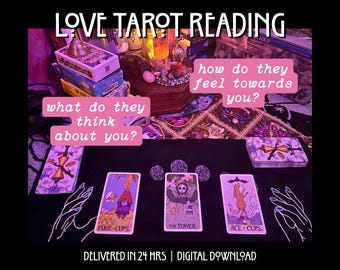May include: A tarot reading setup with cards, candles, and boxes. The text "LOVE TAROT READING" is at the top. Cards include "FOUR CUPS", "THE TOWER", and "ACE CUPS". Text on the image asks "what do they think about you?" and "how do they feel towards you?"