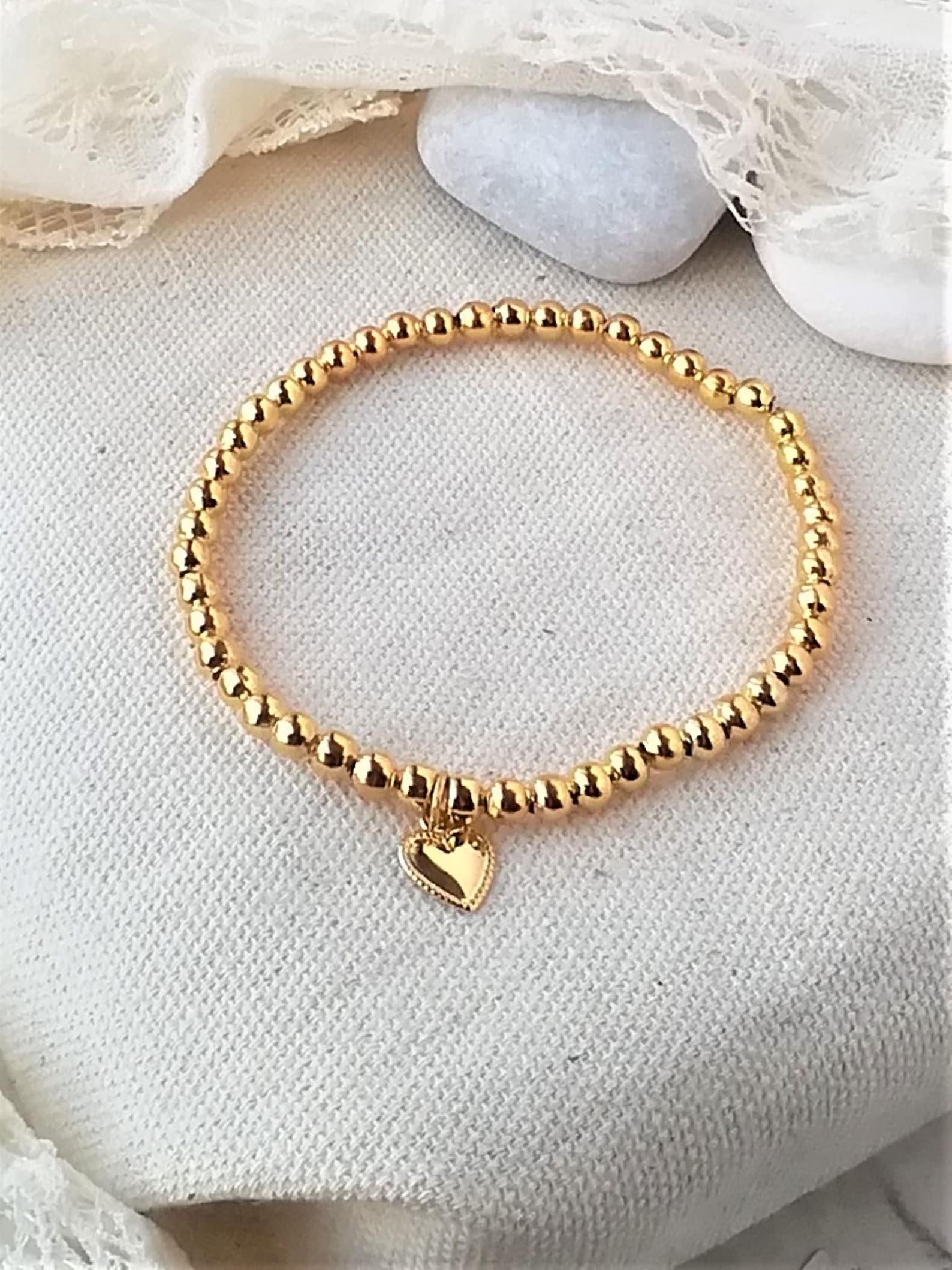 Gold Heart Bracelet Gold Beaded Bracelet Gold Heart Etsy