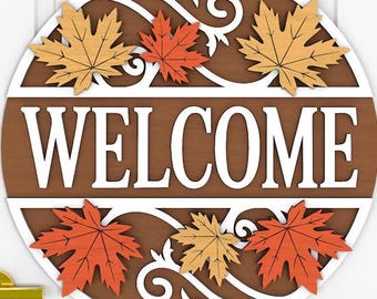 Herbst- willkommene Blätter Türschild DiY | Holz Türschild DiY | Türschild Kit | Malset | Ferien Kit