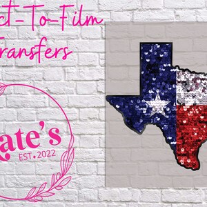 May include: A white brick wall with a pink floral wreath with the text "Kate's EST. 2022" inside. To the right is a clear sheet with a sequin-covered outline of the state of Texas in the colors of the Texas flag.