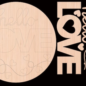 May include: A wooden cutout of the word "LOVE" with a heart in the "O". The word "hello" is written above the word "LOVE" in a cursive font. A string of hearts is wrapped around the word "LOVE".