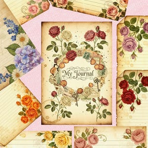 Vintage Rose "My Journal" Printable Cover 8 Pages Set Digital Download Scrapbook Writing Template Romantic Shabby Chic Floral Diary Antique