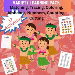 May include: A Hawaiian Preschool Variety Learning Pack with 17 activities. The cover features cartoon figures in traditional attire. The pack includes matching, tracing, coloring, alphabet, numbers, counting, and cutting exercises. Worksheets with shapes, colors, and counting are visible.