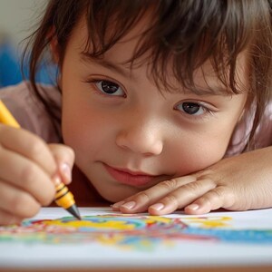 May include: A young child with dark hair and eyes is focused on drawing with a yellow crayon. The child's face is close to the paper, and the artwork features a colorful array of hues. The child is wearing a pink shirt.