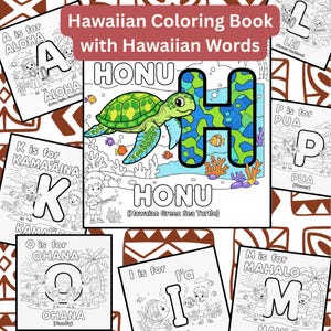 Hawaiian Alphabet PDF Digital Download Printable Worksheet Educational Activity Book Pages Tropical Design Island Theme Coloring Kids Learning Resource Hawaiian Letters Words Language Learning Fun Children Activity Homeschool Material