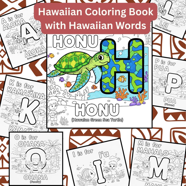 Hawaiian Alphabet PDF Digital Download Printable Worksheet Educational Activity Book Pages Tropical Design Island Theme Coloring Kids Learning Resource Hawaiian Letters Words Language Learning Fun Children Activity Homeschool Material
